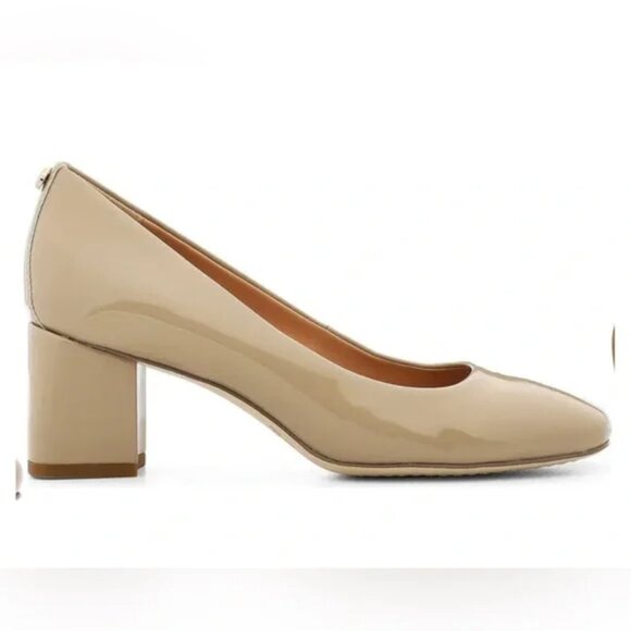 NEW! DONALD PLINER AUDRY SQUARE TOE PUMPS HEELS BLOCK HEEL NUDE PATENT LEATHER 8 - Picture 1 of 8